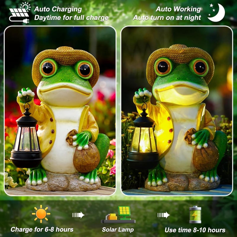 Pohabery Large Frog Garden Statue, 13.3 Inches Tall, Resin Frog Decor with Solar Lantern for Outdoor Decoration and Housewarming - Image 2